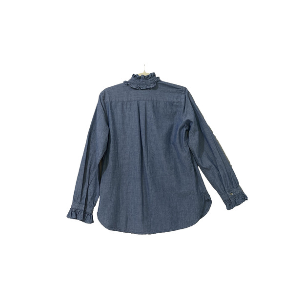 J Crew Shirt Women Sz 2 Blue Denim Button Blouse Ruffle Romantic Southwest Boho - Picture 2 of 7